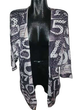 Via Vitale Black & White Graphic Eyelet Knit Open Front Cardigan Size L/XL